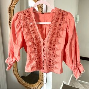 Free People / Louella Cotton Embroidered Puff Sleeve Top in Savannah Red